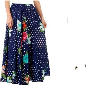 Magic  Blue Polka Dot Floral Print Bohemian Maxi Skirt Sz XL